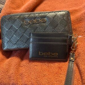 bebe Black Quilted Wallet and Card Holder Set with Gold Accents